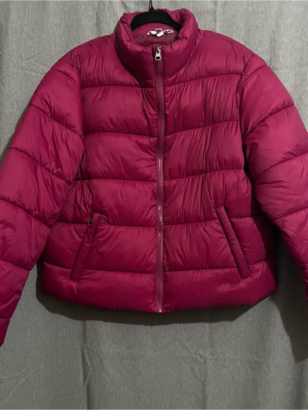 Time and Tru Magenta Quilted Puffer Jacket with Stand Collar Medium